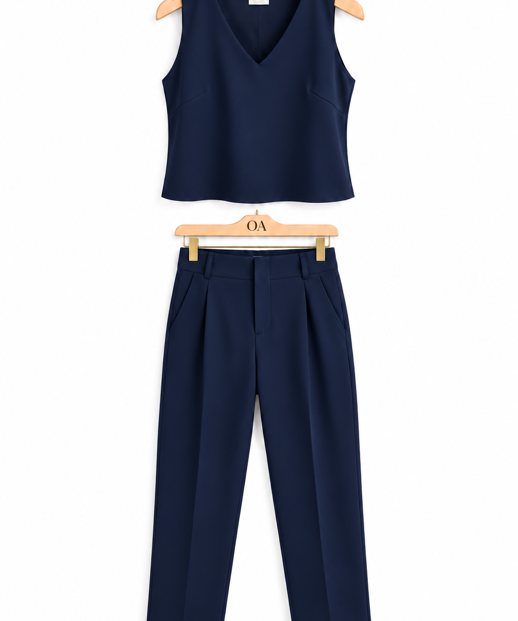 Conjunto feminino Ali azul marinho: regata decote V e calça ampla de cintura alta.