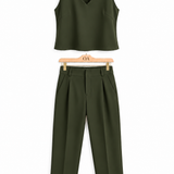 Conjunto feminino Ali verde militar: regata decote V e calça ampla de cintura alta.