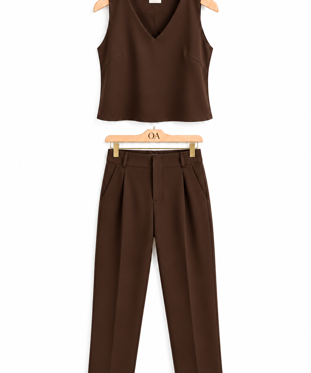 Conjunto feminino Ali café: regata decote V e calça ampla de cintura alta.