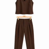 Conjunto feminino Ali café: regata decote V e calça ampla de cintura alta.