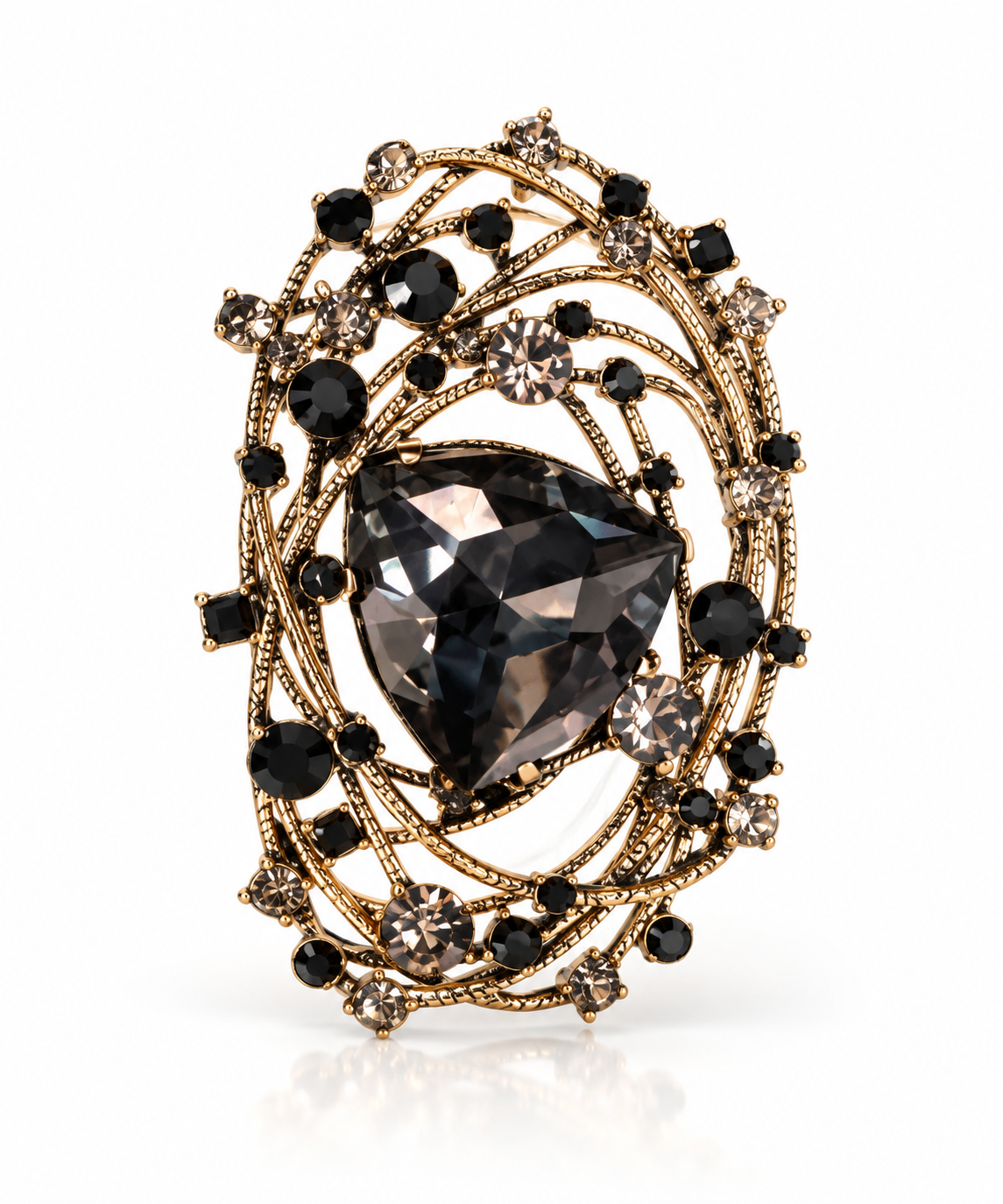 Broche Catarina dourado com pedras pretas e cristal oval central