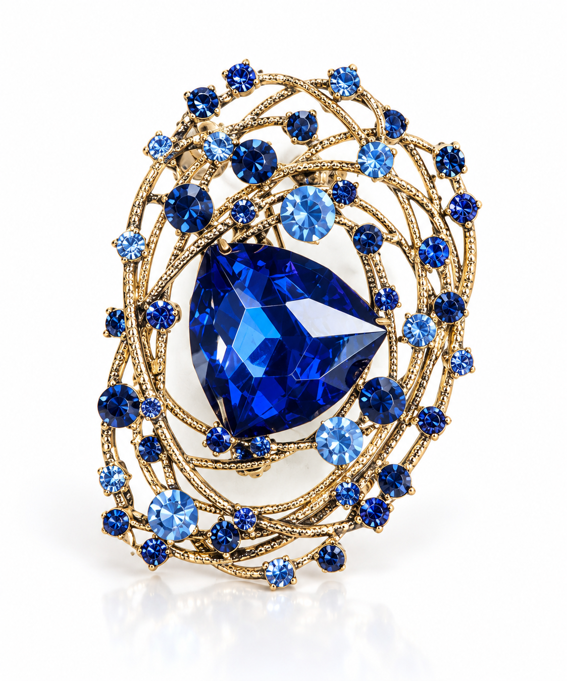 Broche Catarina dourado com pedras azuis e cristal azul em formato triangular