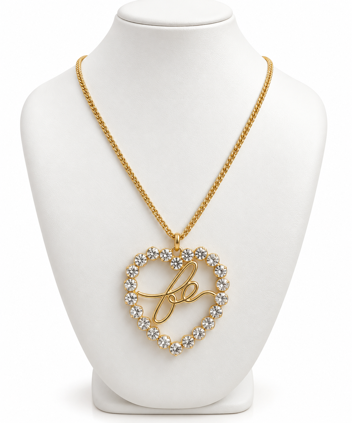 Colar dourado com pingente coração “Fé” cravejado de cristais