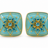 Brinco quadrado azul com borda dourada e flores de cristais azuis