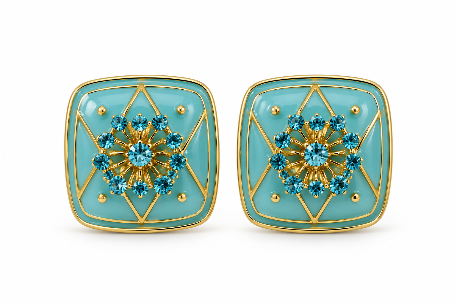 Brinco quadrado azul com borda dourada e flores de cristais azuis