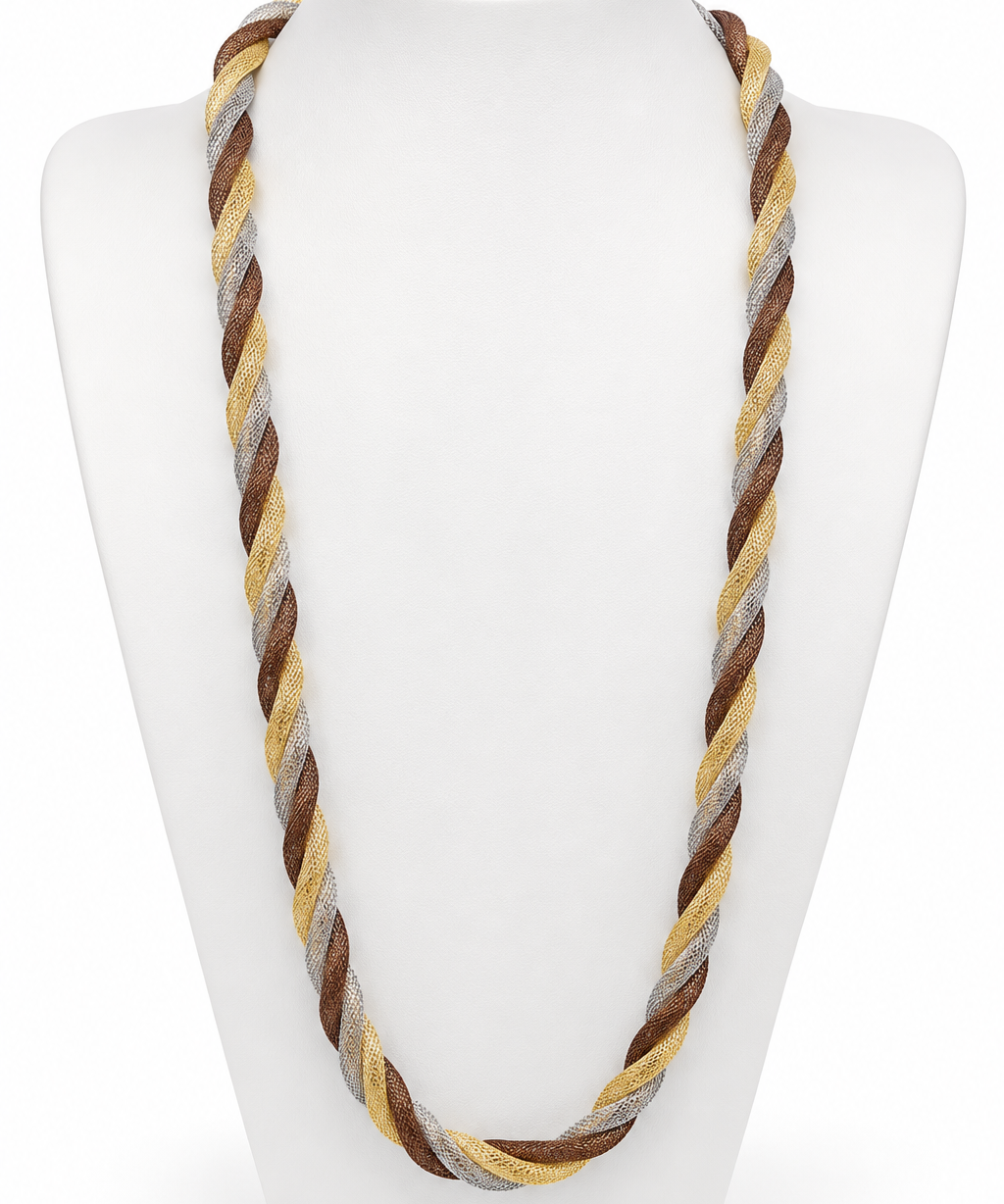 Colar trançado em cordões dourado, marrom e preto