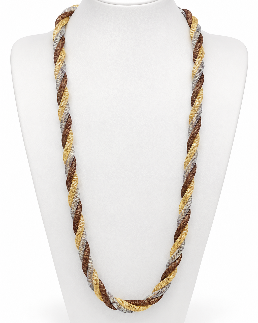 Colar trançado em cordões dourado, marrom e preto