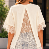Blusa maxi creme com faixa de renda nas costas e mangas rendadas