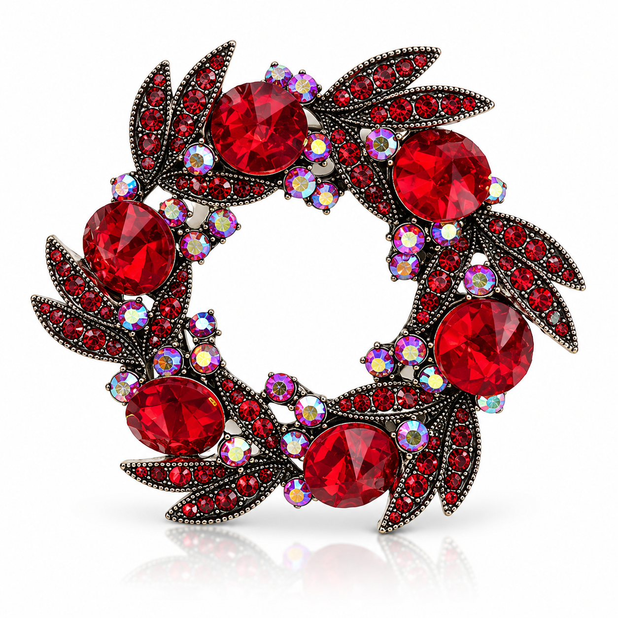 Broche circular vermelha com cristais e detalhes prateados, em formato de aro