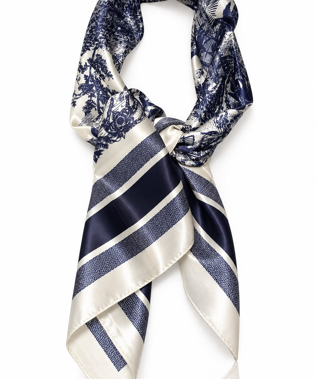 Lenço de seda azul-marinho com estampa floral e listras bege e brancas