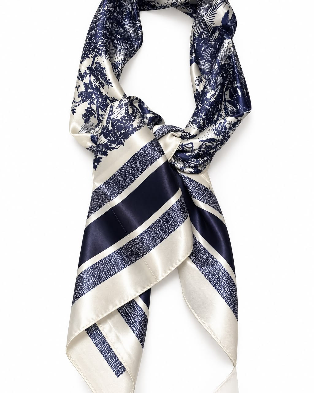 Lenço de seda azul-marinho com estampa floral e listras bege e brancas