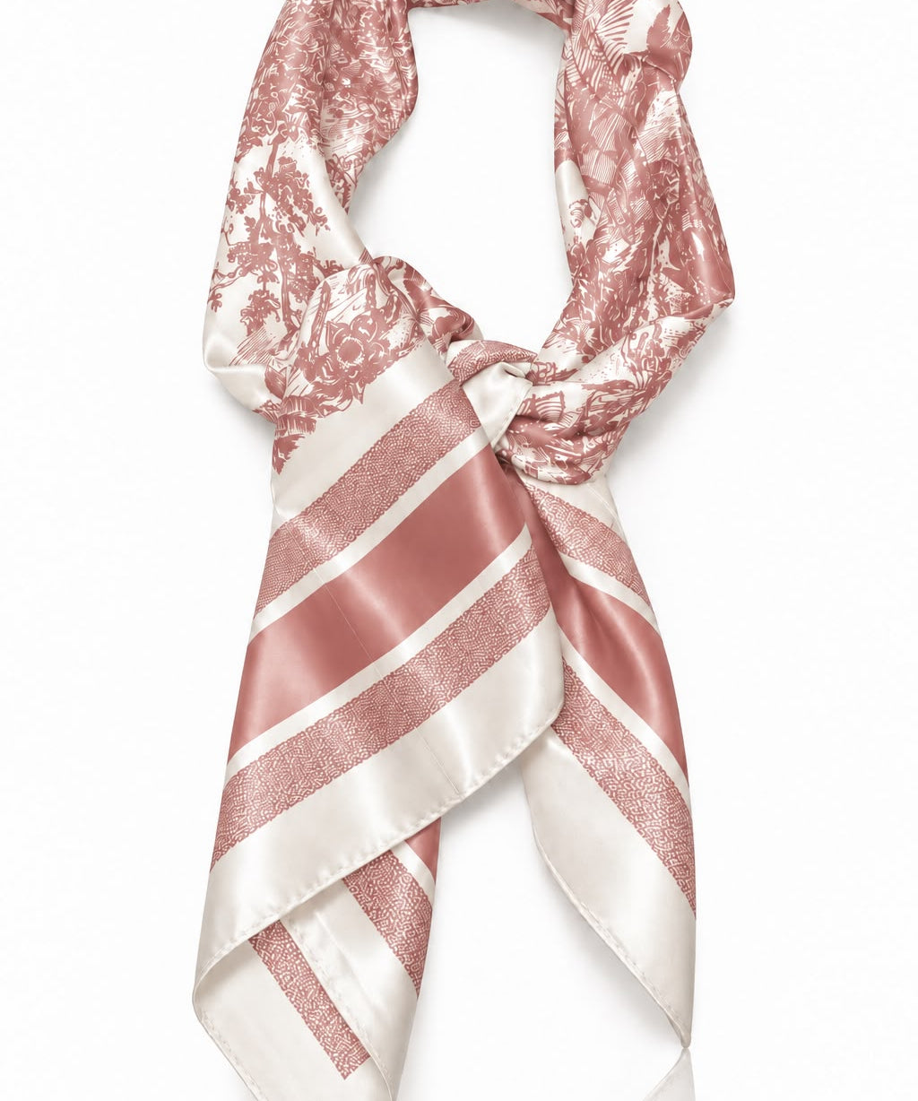 Lenço Silvia Rosa rosa e branco com estampa floral e listras diagonais