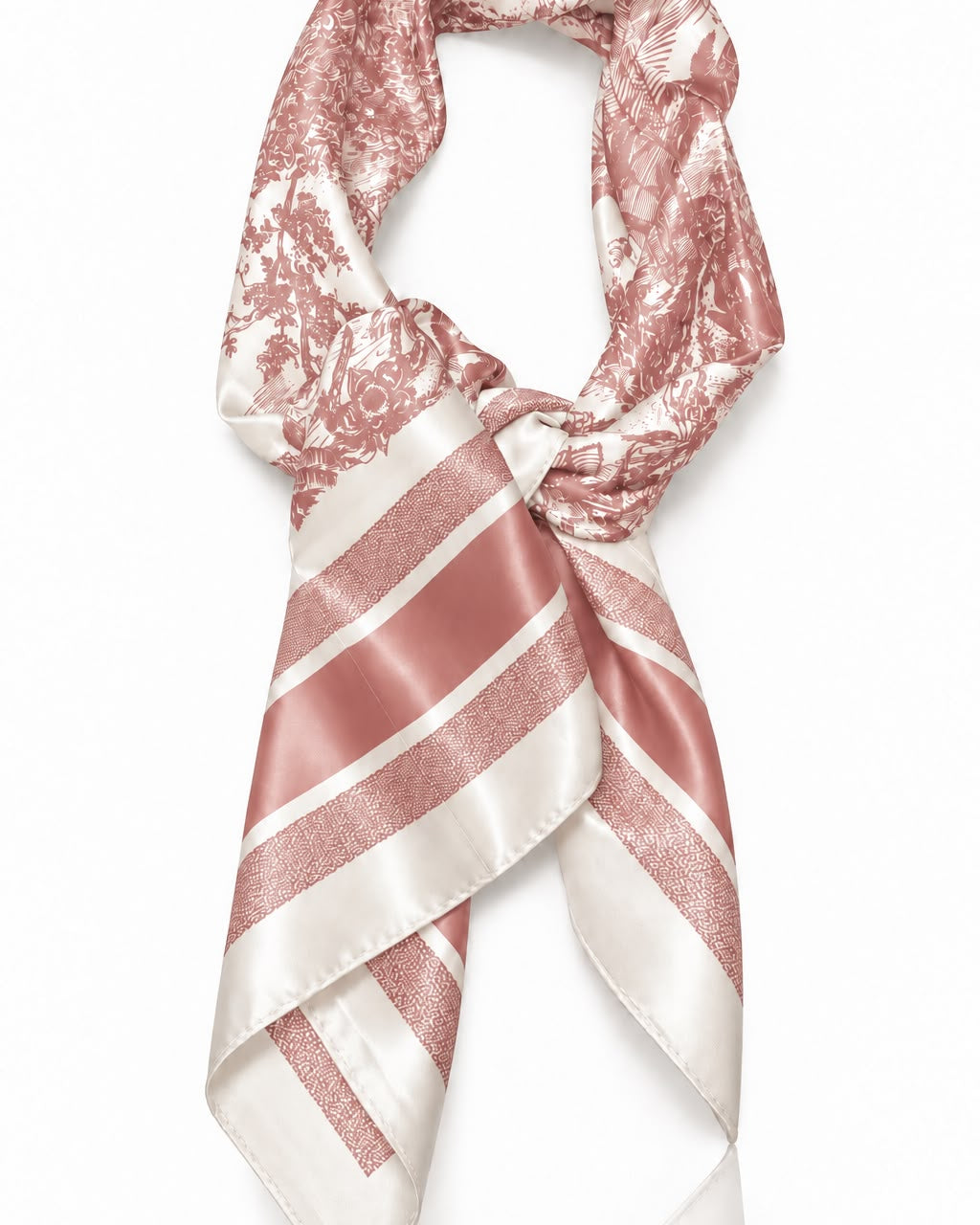 Lenço Silvia Rosa rosa e branco com estampa floral e listras diagonais