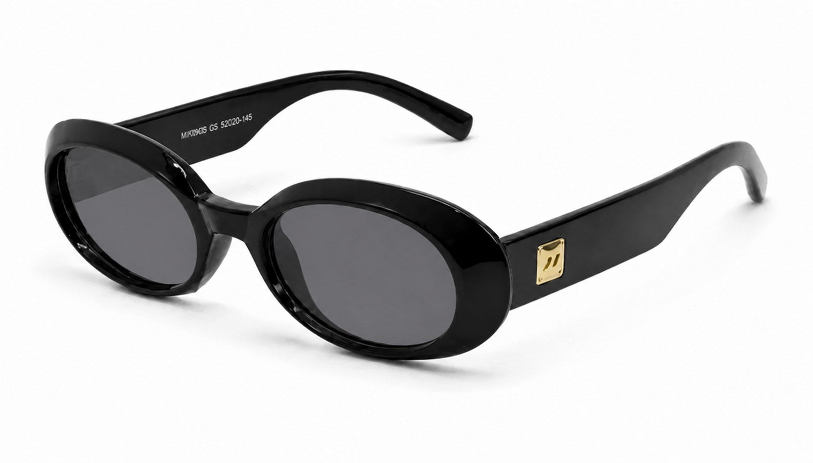 Óculos de sol pretos com lentes escuras e armação oval, logotipo na haste.