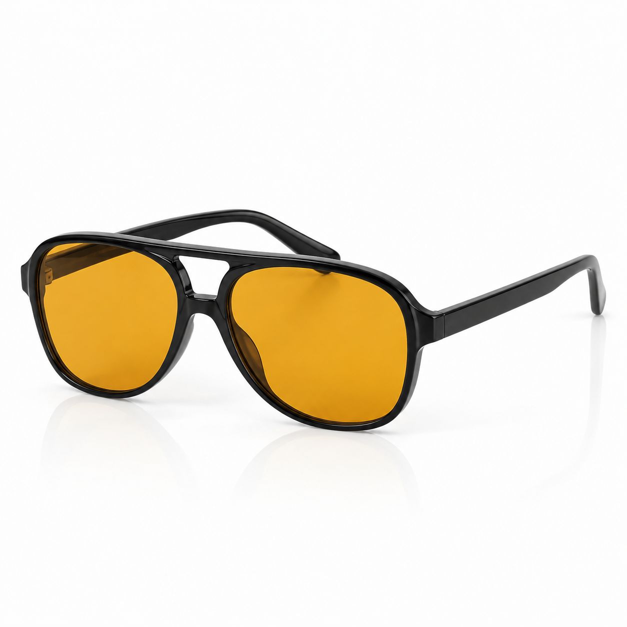 Óculos de sol com armação preta e lentes amarelas, formato oval