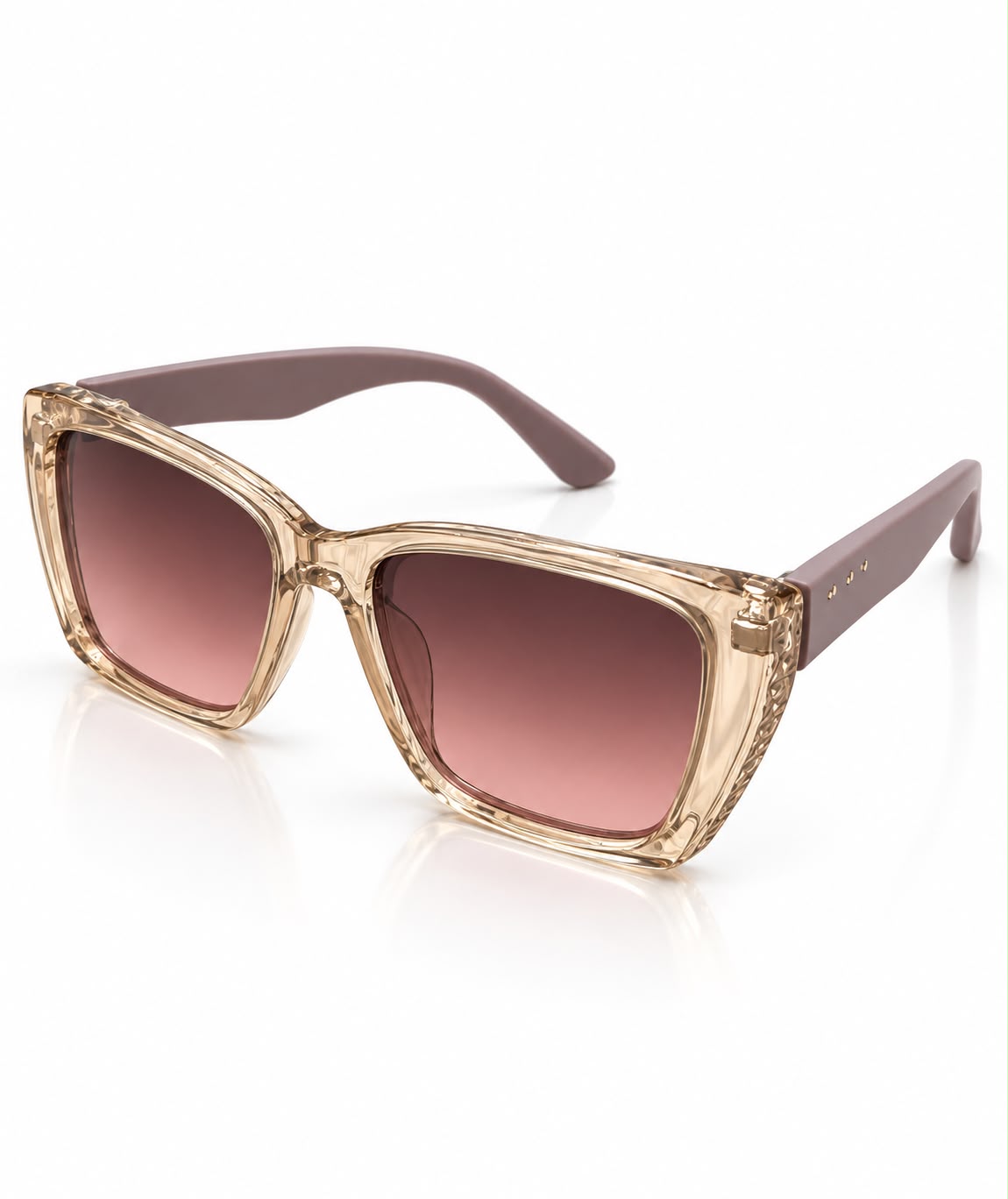 Óculos de sol com armação bege/dourada e lentes rosa, formato gatinho