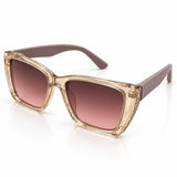 Óculos de sol com armação bege/dourada e lentes rosa, formato gatinho