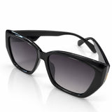 Óculos escuros pretos com lentes escuras e armação estilo gatinho