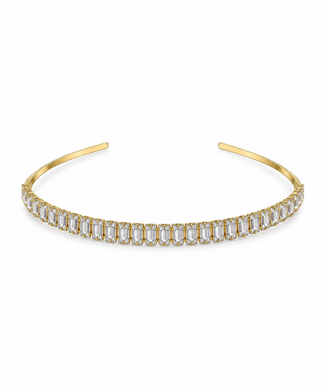 Tiara dourada com fileira de cristais retangulares