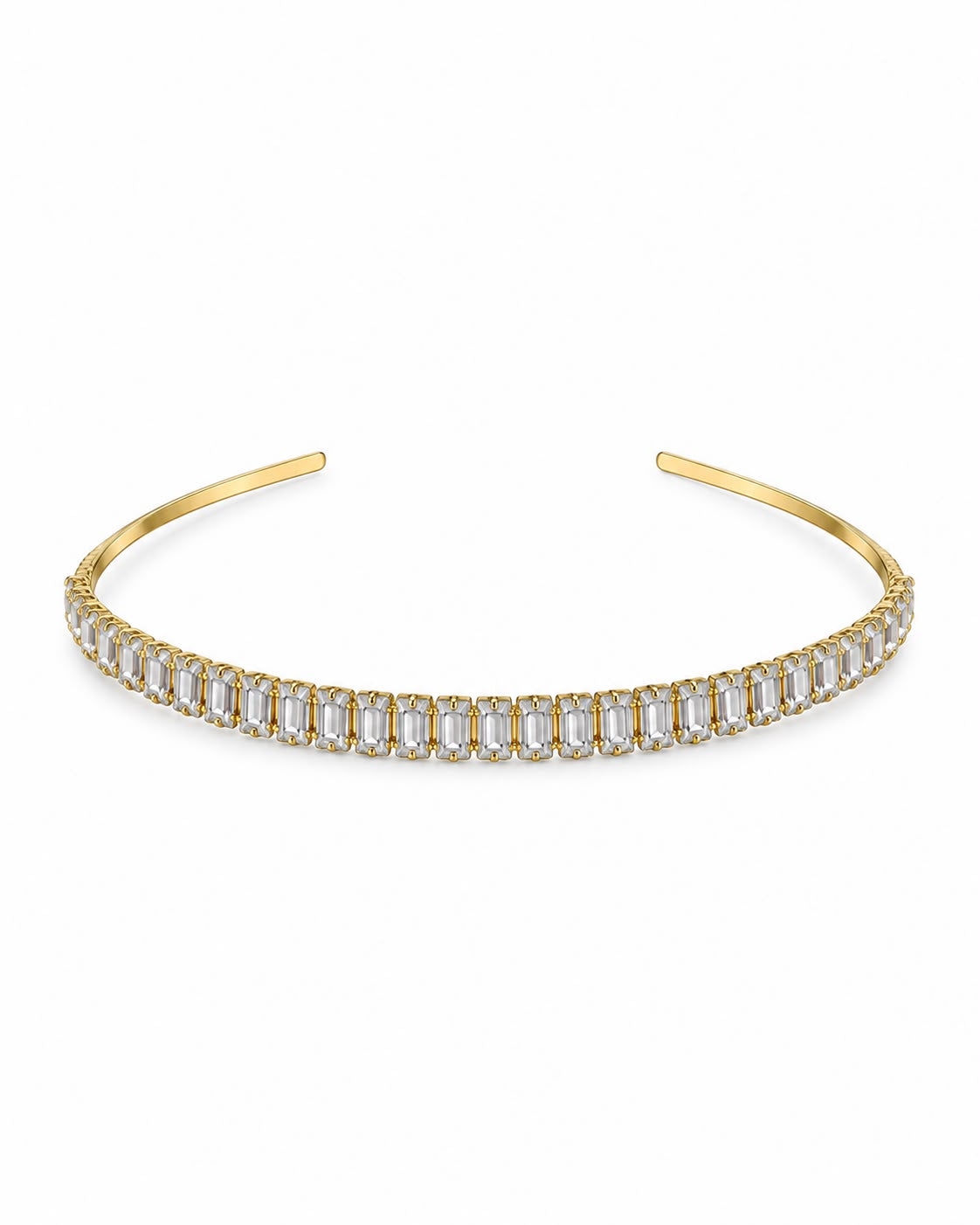 Tiara dourada com fileira de cristais retangulares