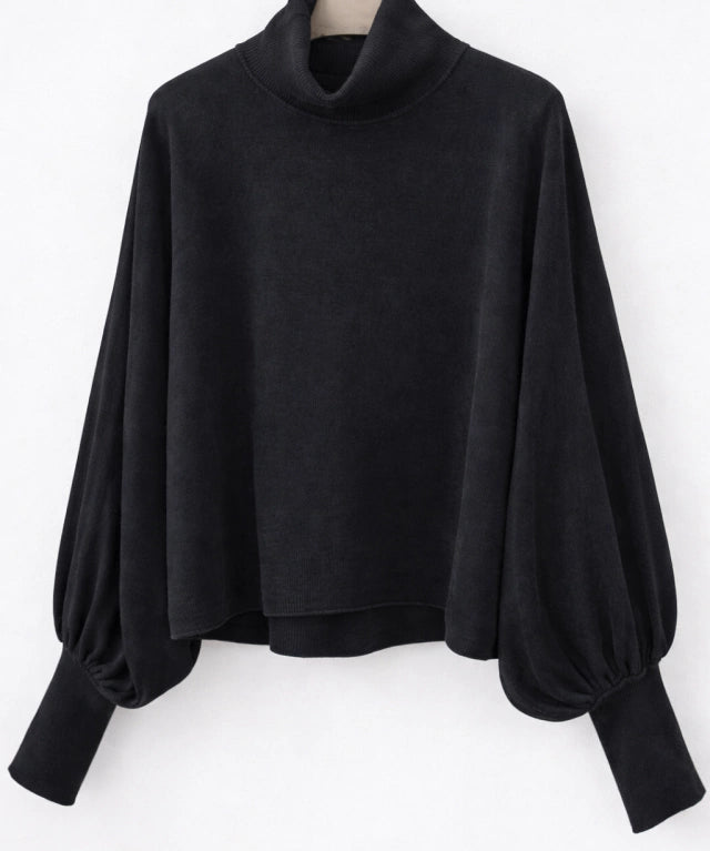Tricot Parla preto de gola alta, mangas bufantes e punhos franzidos