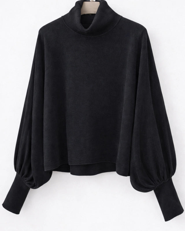 Tricot Parla preto de gola alta, mangas bufantes e punhos franzidos