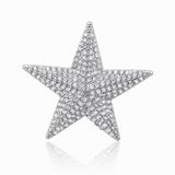 Broche estrela com cristais brilhantes em tom prateado, formato de estrela vazada.