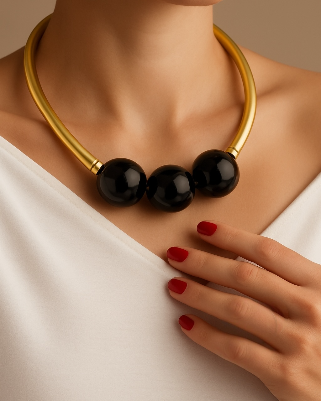 Colar gargantilha dourado com contas pretas brilhantes em formato de bolas
