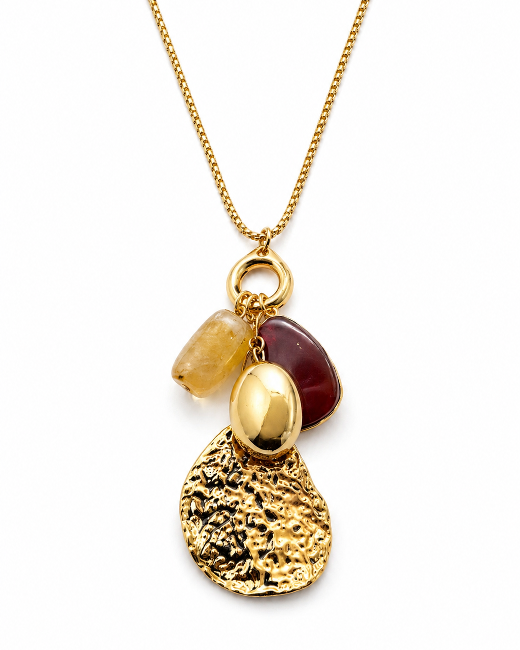 Colar Lucelia com pingente dourado e pedras translúcidas marrom e vermelha