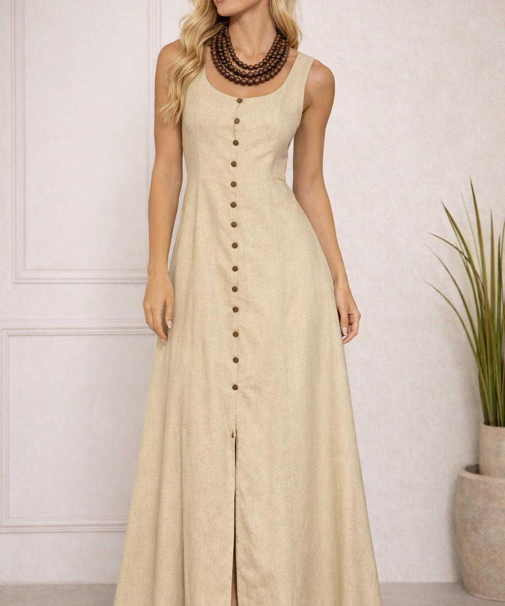 Vestido longo bege com alças largas, botões frontais e fenda na barra.