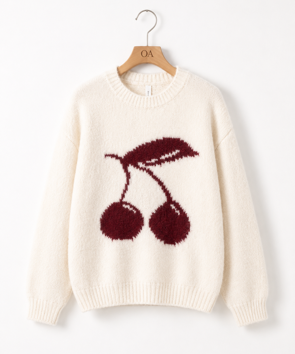 Suéter de tricô off white com estampa de cerejas vinho, gola canelada