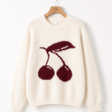 Suéter de tricô off white com estampa de cerejas vinho, gola canelada