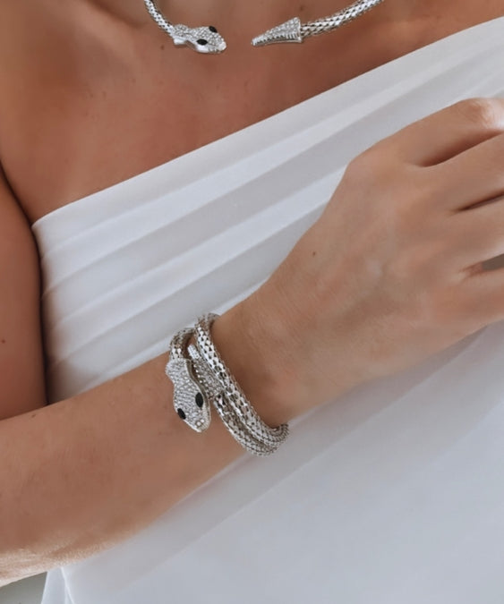 Colar prateado com pingente naja e detalhes brilhantes
