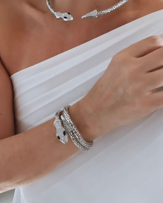 Colar prateado com pingente naja e detalhes brilhantes