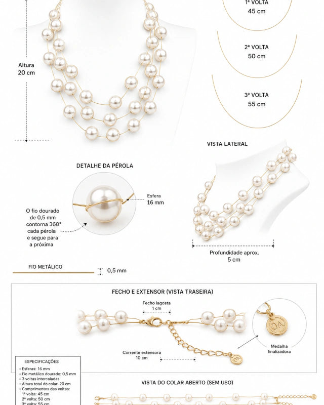 Infográfico do Colar Times com pérolas e medidas de comprimento das voltas