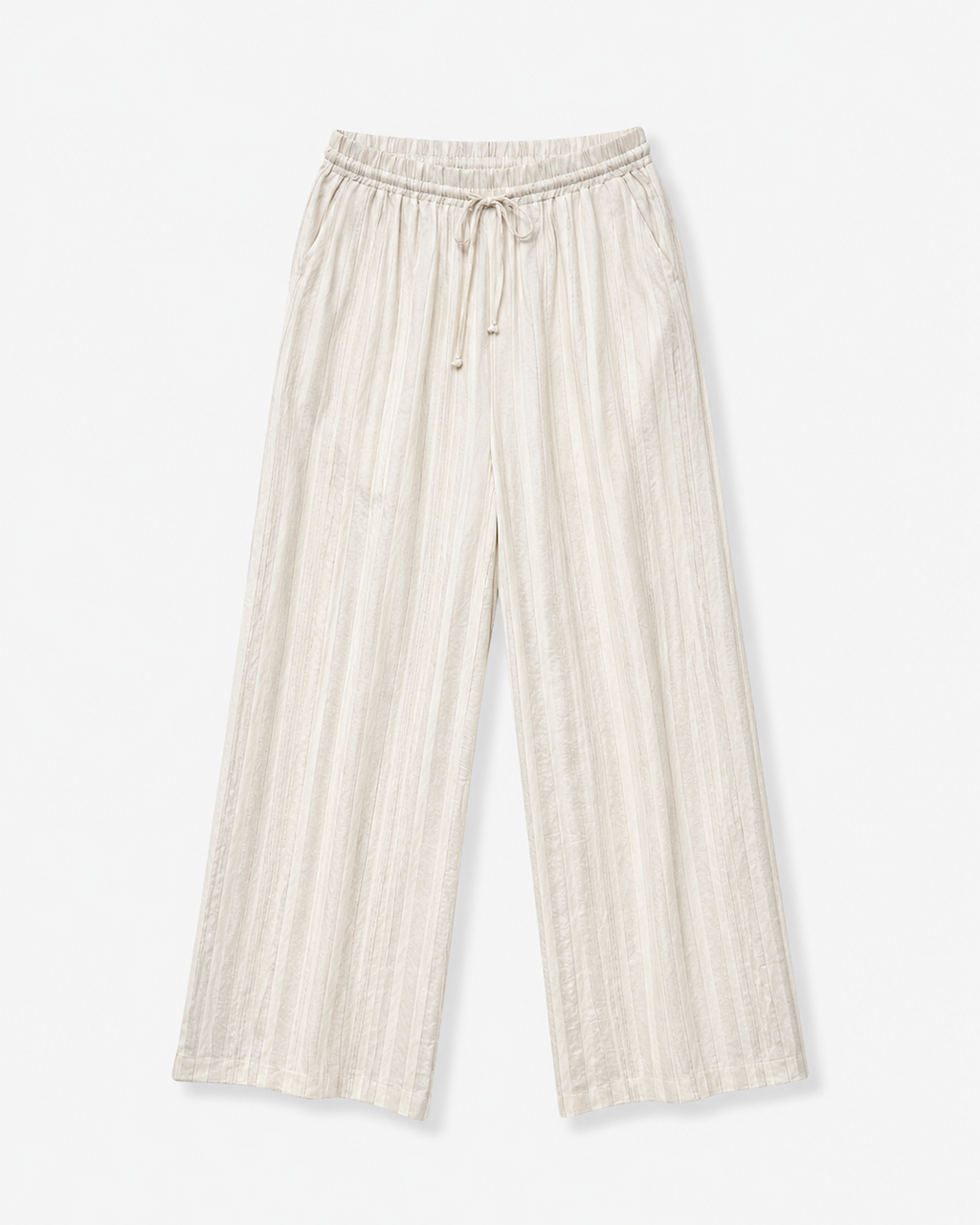 Calça ampla off-white com risca vertical, cós elástico e cordão
