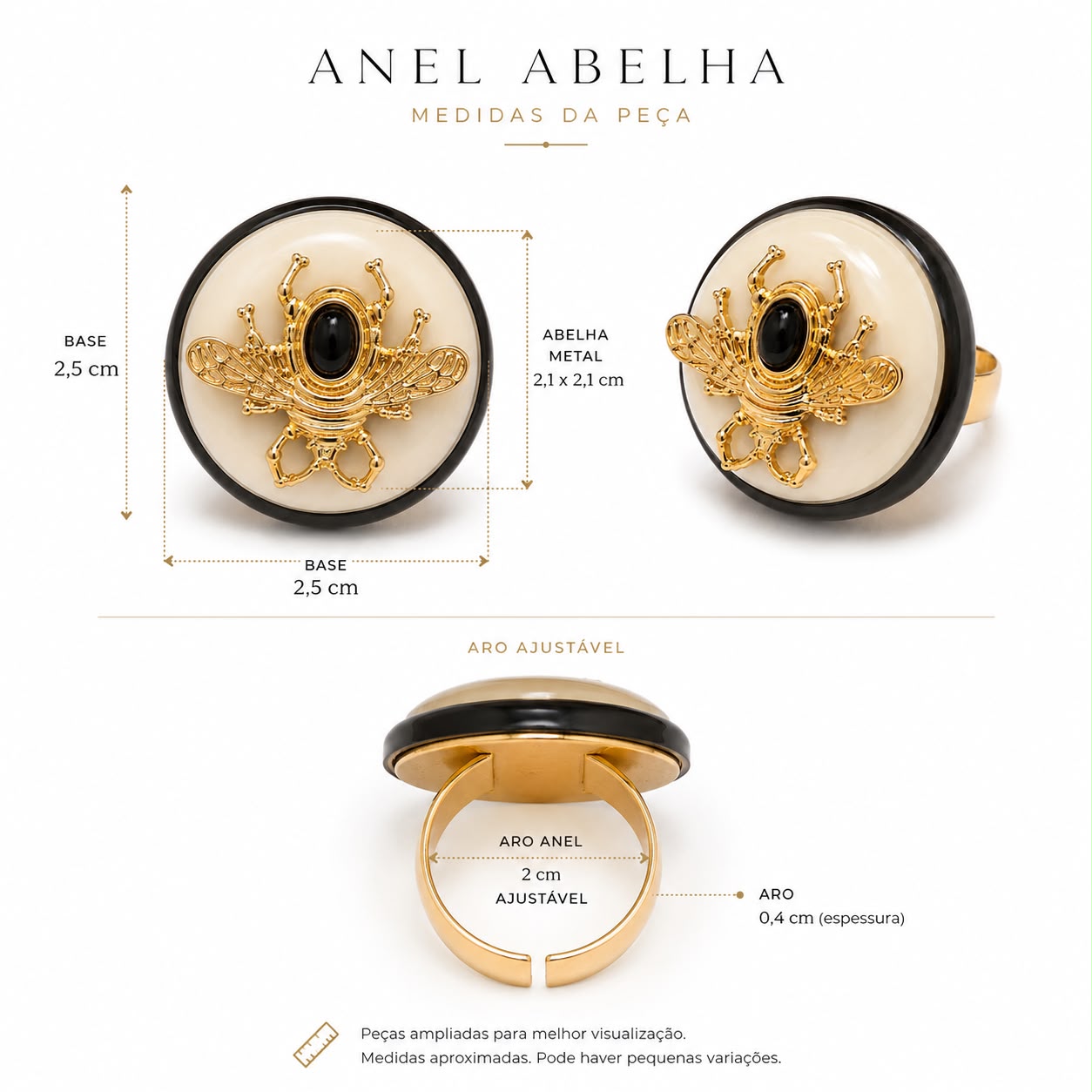 Anel Dacar com aro ajustável, base preta e pedra oval preta com detalhe dourado