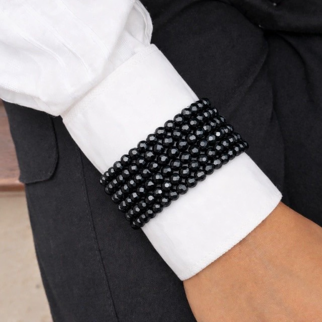 Pulseira Ana Ursula de cristais pretos, faixa tripla com brilho