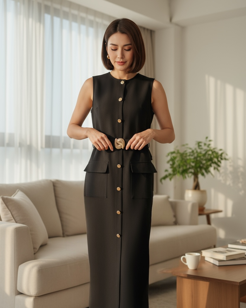 Vestido midi preto sem mangas com botões frontais e bolsos laterais