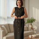 Vestido midi preto sem mangas com botões frontais e bolsos laterais