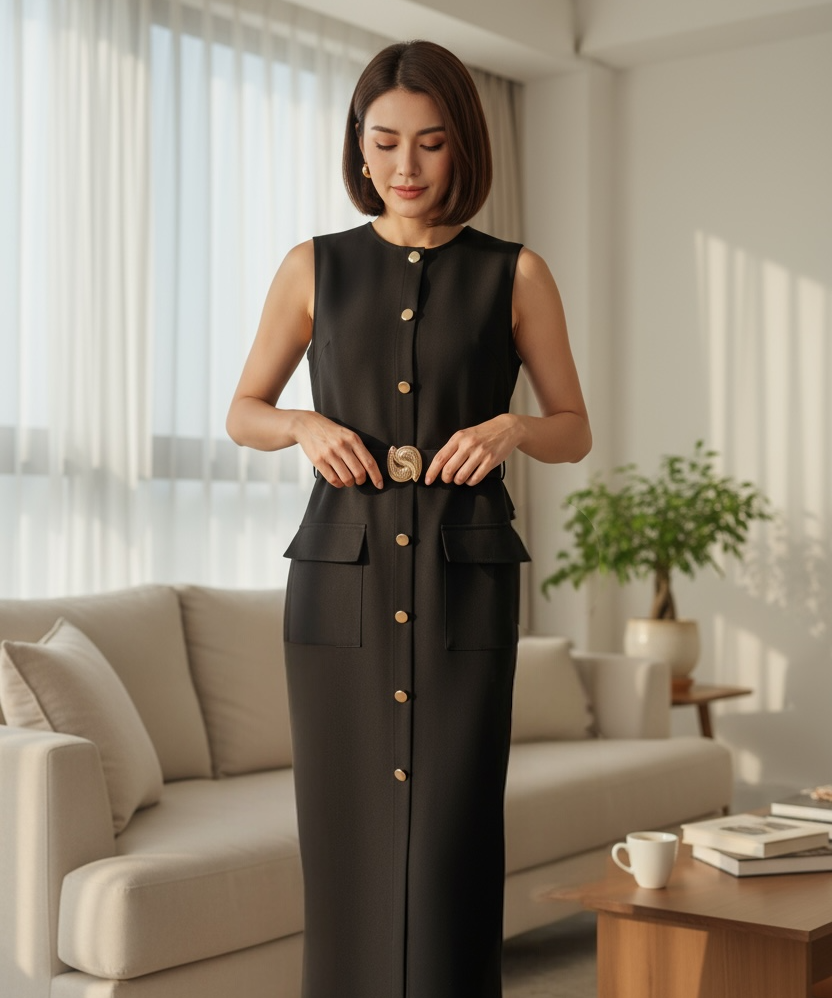 Vestido midi preto sem mangas com botões frontais e bolsos laterais