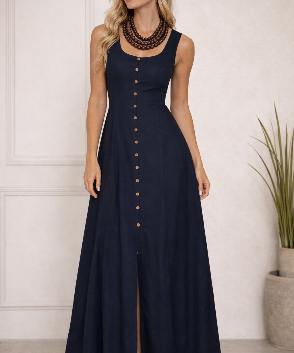 Vestido longo marinho com alças largas, fileira de botões e fenda frontal.