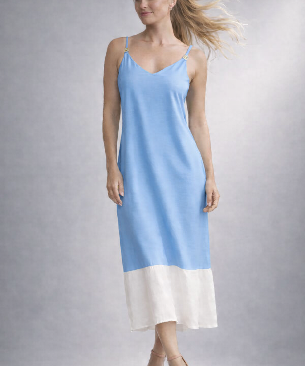 Vestido midi de alças finas com decote V e faixa branca na barra, azul