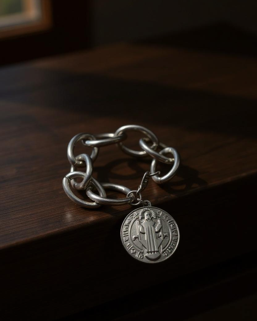 Pulseira com elos prateados e pingente circular gravado