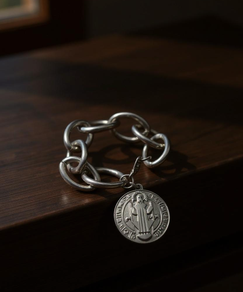 Pulseira prateada com pingente de moeda e elos de corrente, fecho metálico.