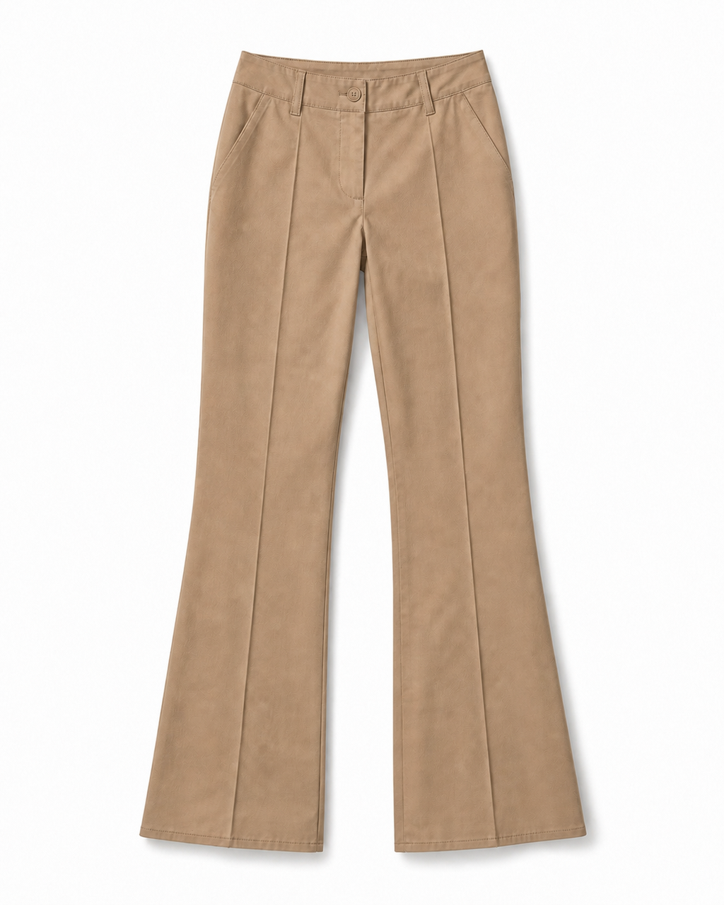 Calça flare caramelo com passantes, zíper e cintura estruturada