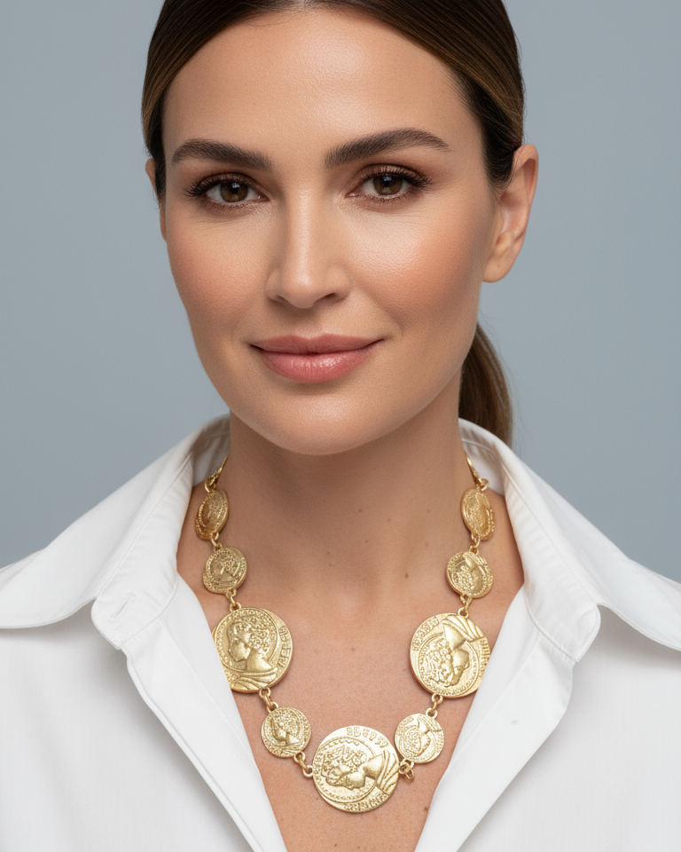 Colar dourado com medalhas redondas Fortuna e elos