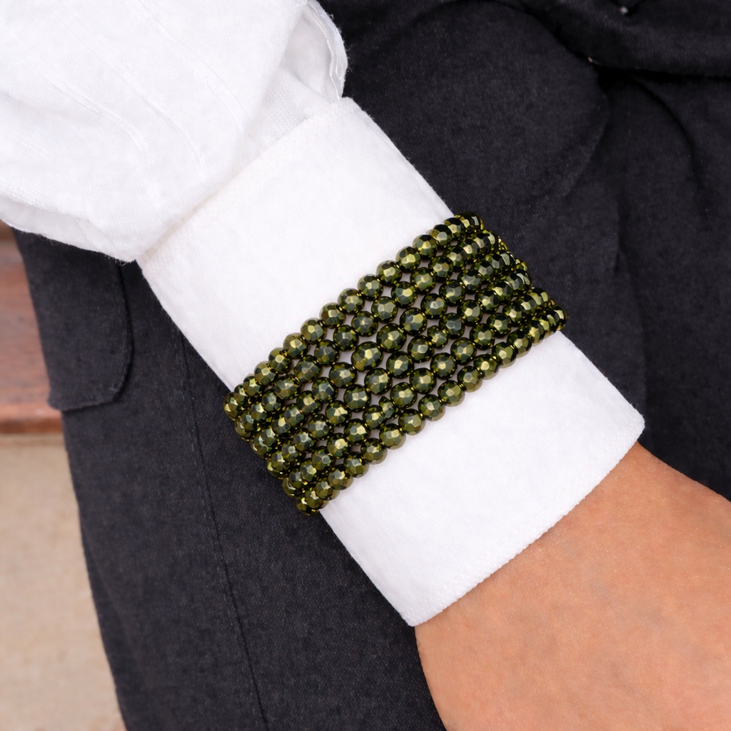 Pulseira Ana Ursula de cristais verde-musgo, faixa tripla com brilho