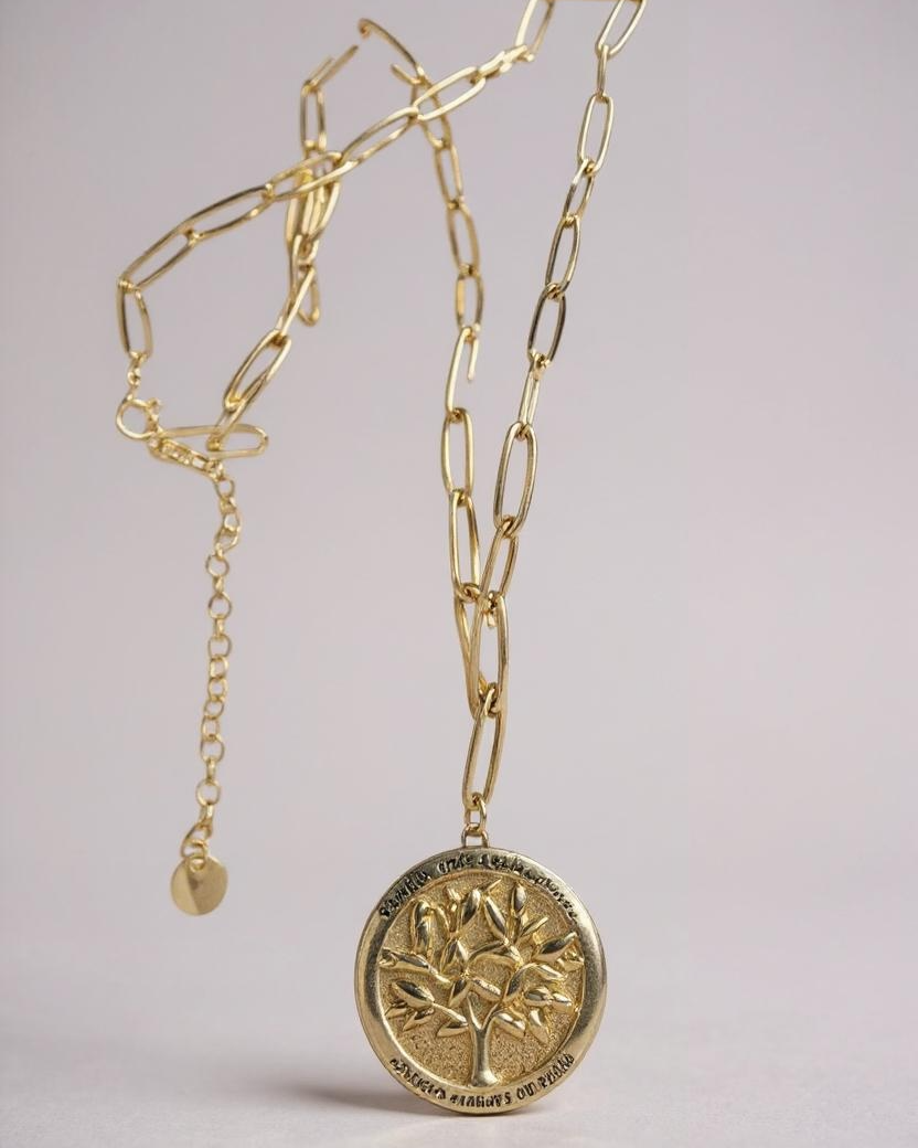Colar sereia dourado com corrente longa e pingente redondo com árvore