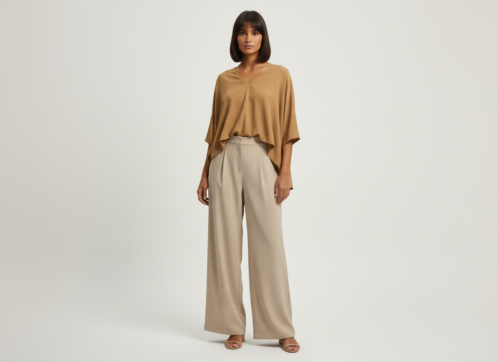 Blusa Elcy caramelo, ampla, decote V, manga morcego e barra mais curta